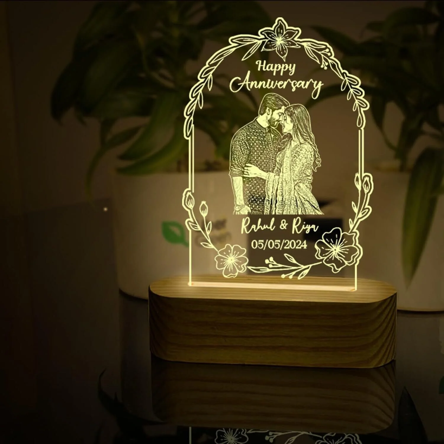 Giftkidukan Couples Marriage Anniversary Personalized Photo, Name and Date Table Lamp (18 cm, yellow warm white)